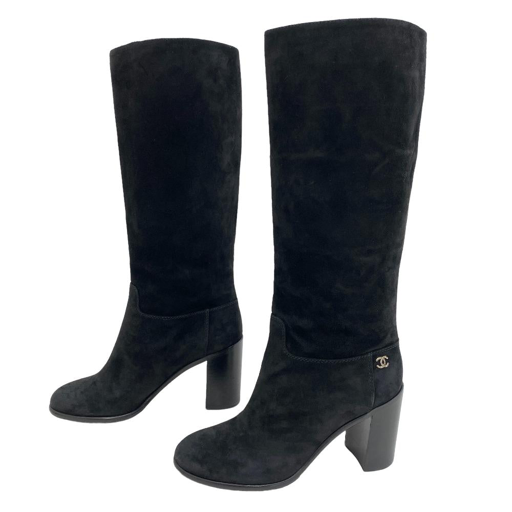 CHANEL boots suede black Knee-high boots COCO Mark Women 37 1/2 Used