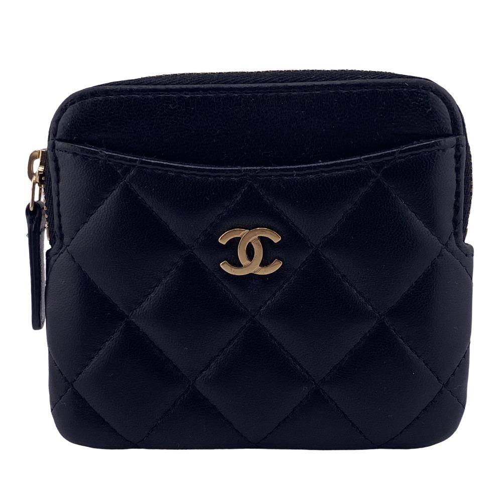 CHANEL Coin case lambskin black Card Case L-shaped zipper COCO Mark Matrasse Women Used