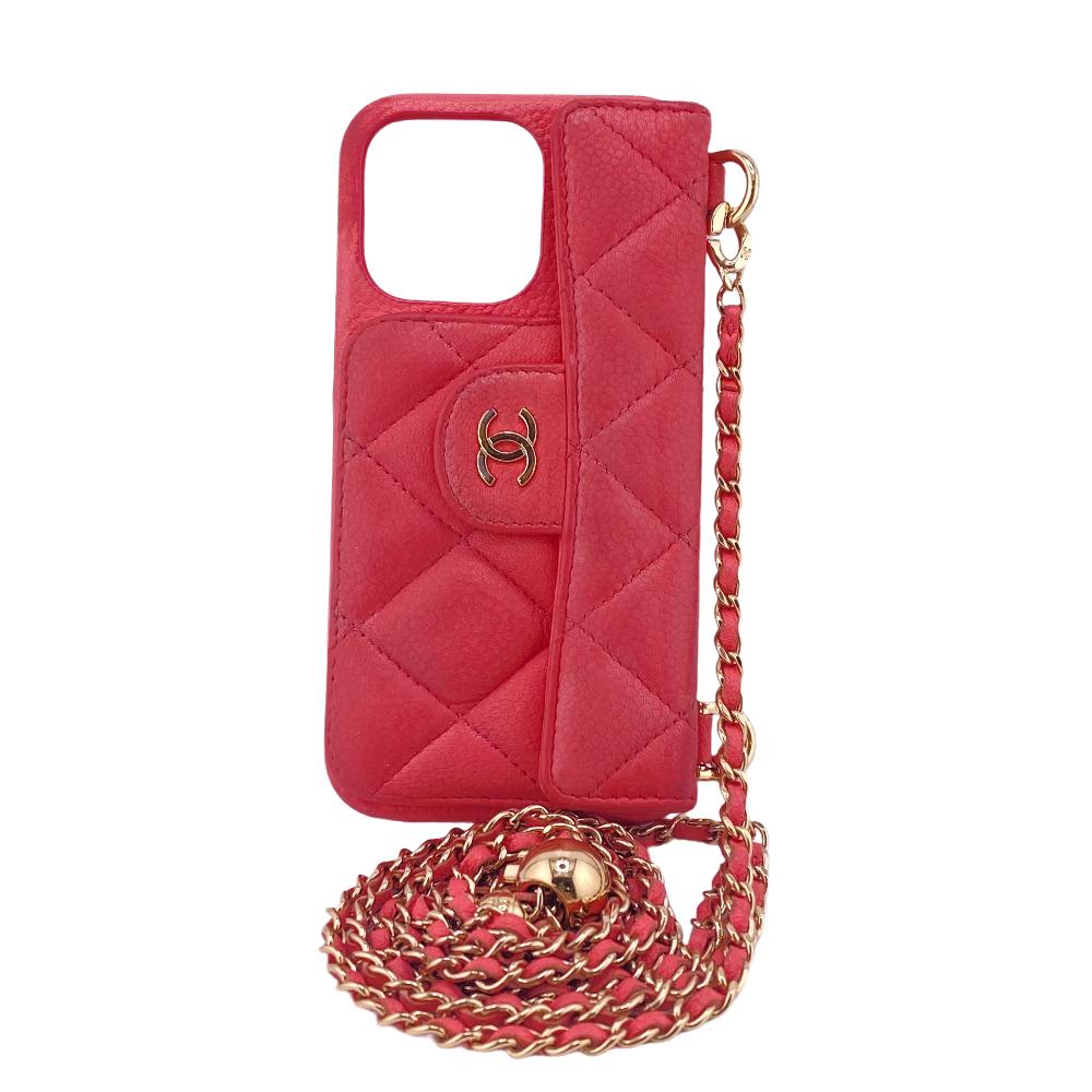 CHANEL Mobile phones and smartphone accessories Caviar skin pink Smartphone case iPhone13Pro ChainShoulder Coco ball Women Used