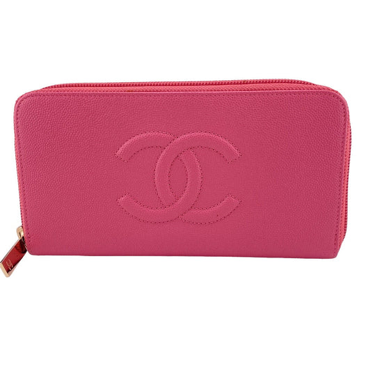 CHANEL Long Wallet Purse Caviar skin pink Round zip wallet COCO Mark Women Used