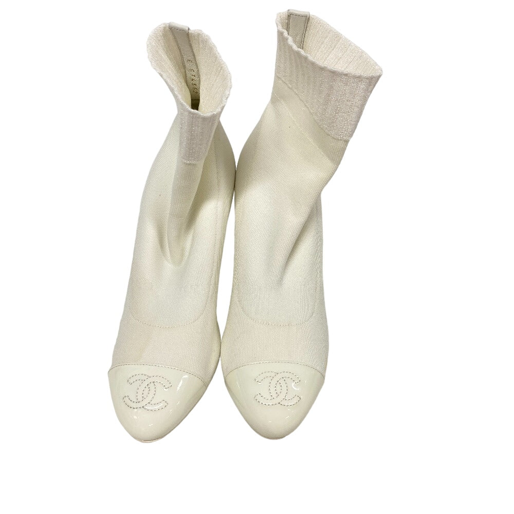 CHANEL boots G34352 Knit, Patent Leather white Sock boots Lame glitter COCO Mark Women 36C Used