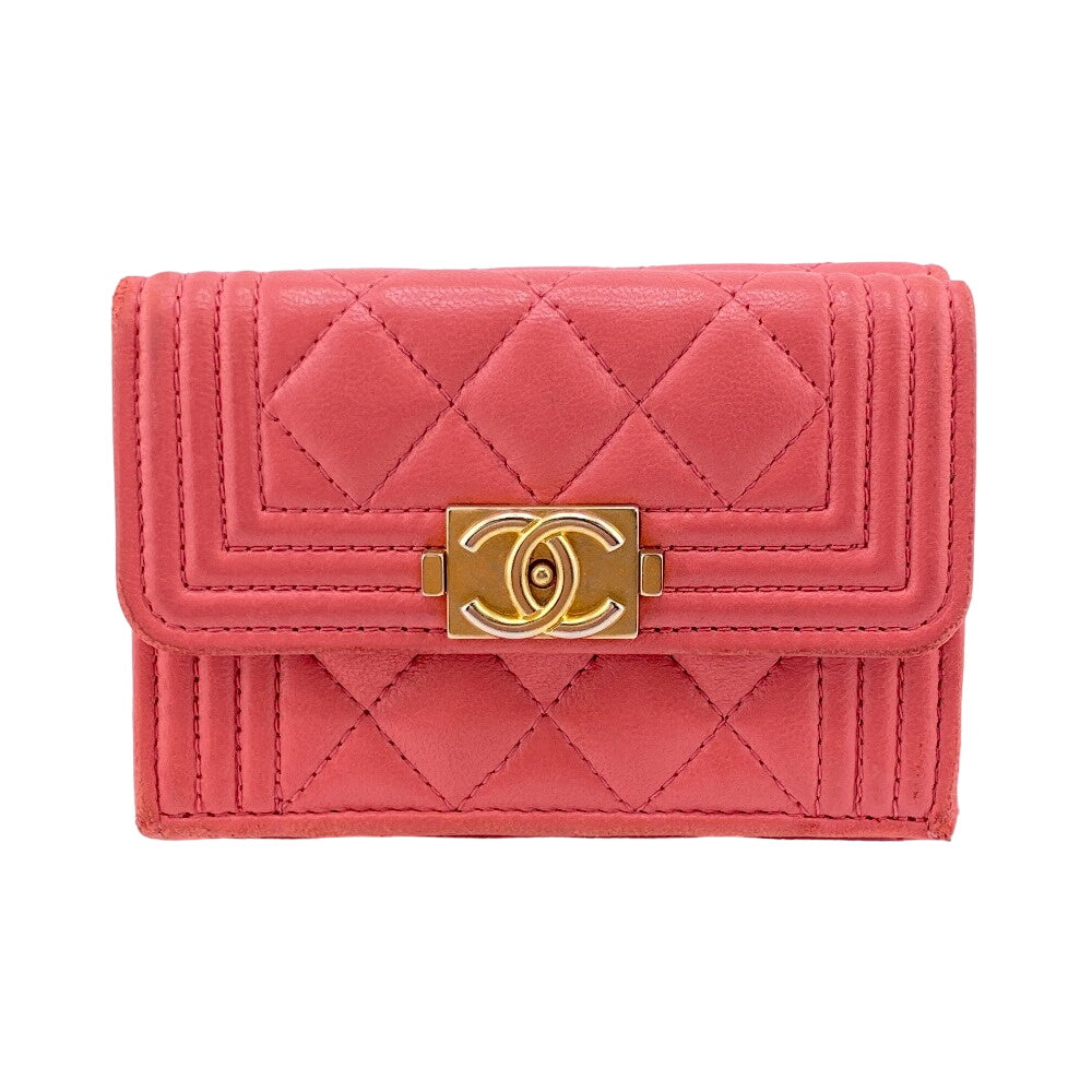 CHANEL Tri-fold wallet lambskin pink COCO Mark Boy chanel Women Used