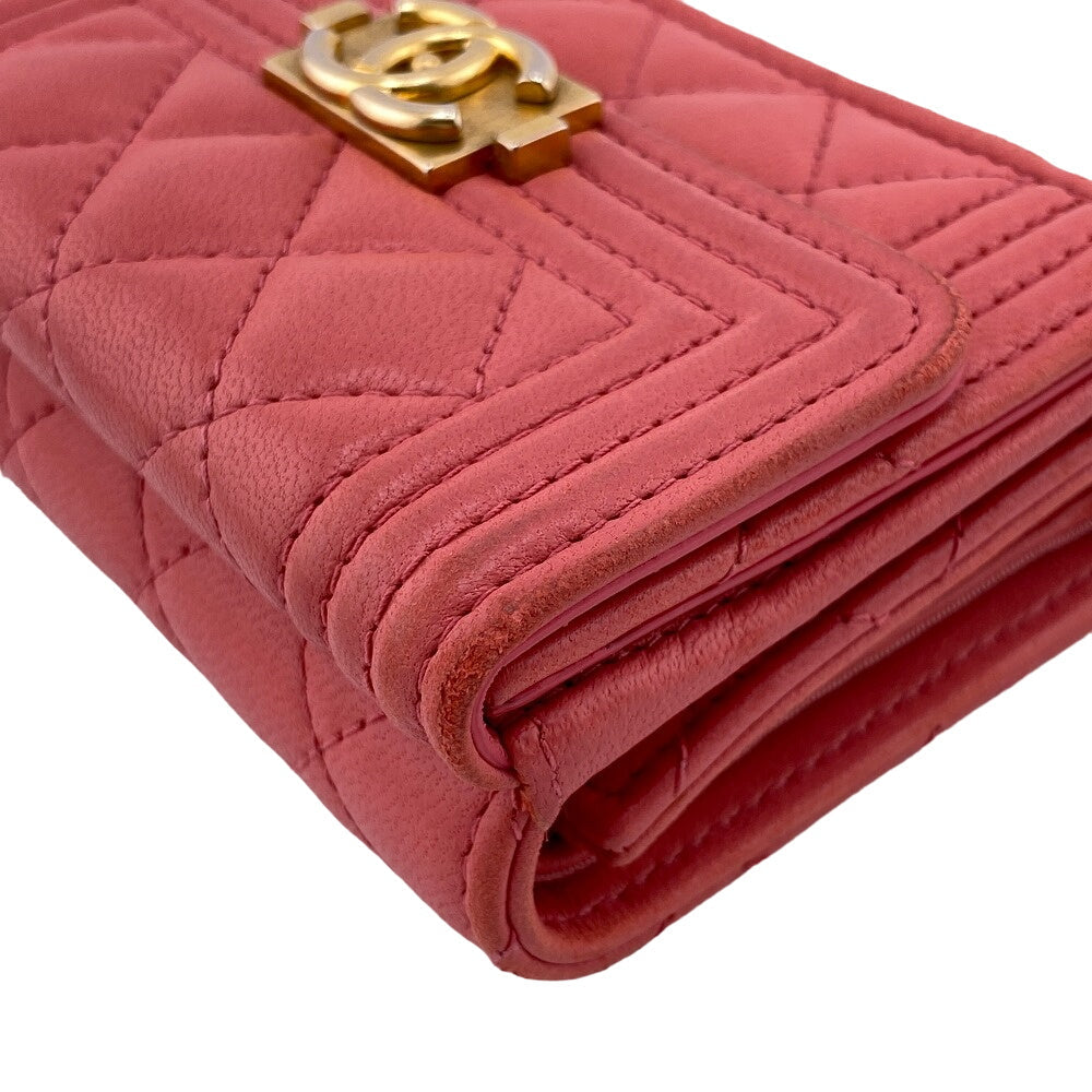 CHANEL Tri-fold wallet lambskin pink COCO Mark Boy chanel Women Used