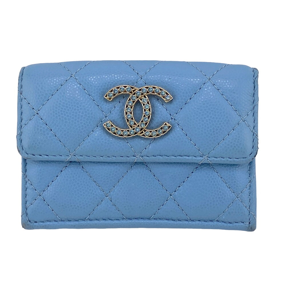 CHANEL Tri-fold wallet Caviar skin blue Matrasse Rhinestone COCO Mark Métiers d'Art Collection Collectors