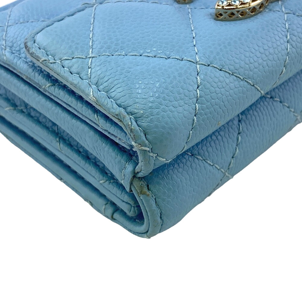 CHANEL Tri-fold wallet Caviar skin blue Matrasse Rhinestone COCO Mark Métiers d'Art Collection Collectors