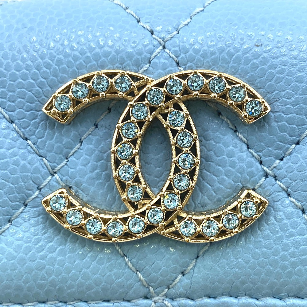 CHANEL Tri-fold wallet Caviar skin blue Matrasse Rhinestone COCO Mark Métiers d'Art Collection Collectors