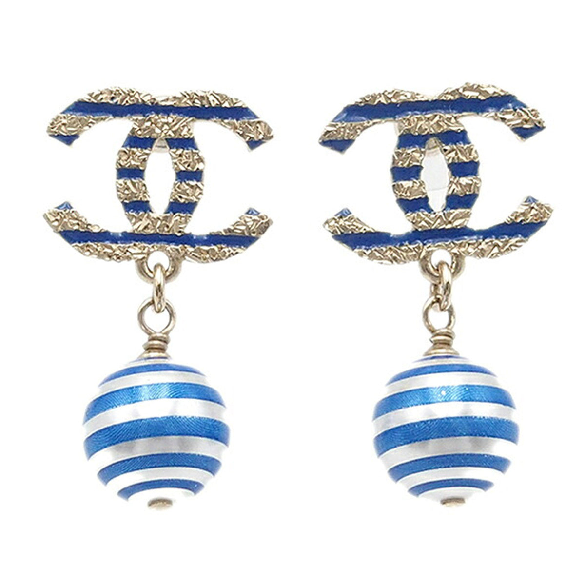 Silver Chanel Striped Faux Pearl CC Drop Earrings