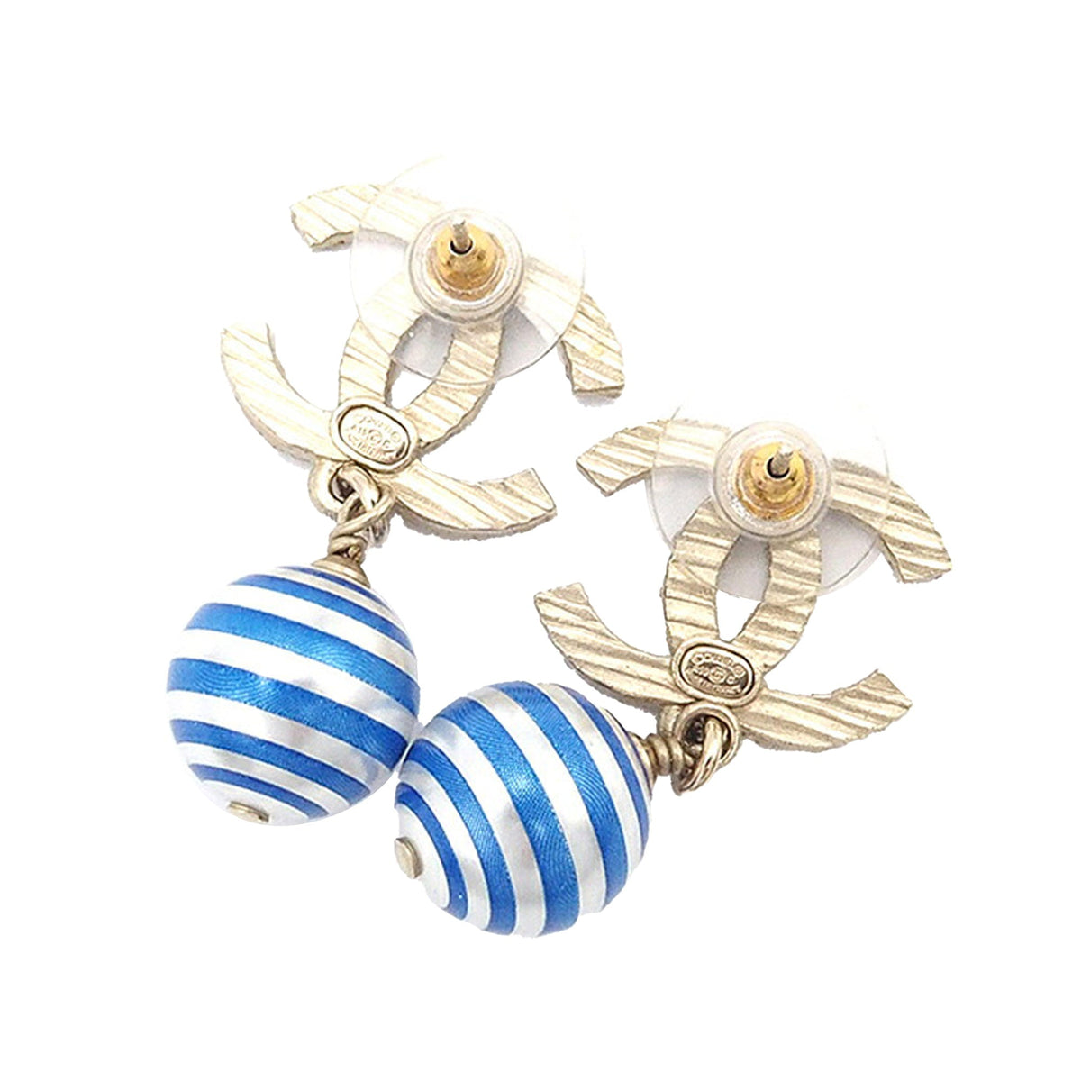 Silver Chanel Striped Faux Pearl CC Drop Earrings