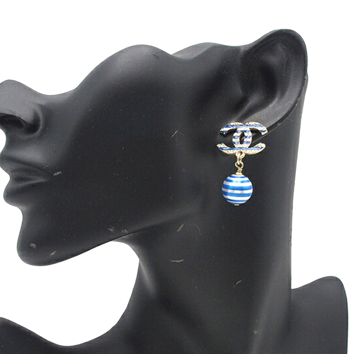 Silver Chanel Striped Faux Pearl CC Drop Earrings