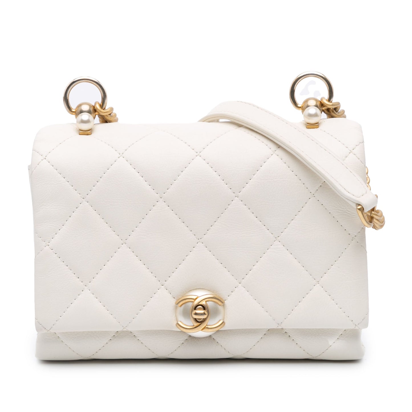 White Chanel Quilted Calfskin Pearl CC Accordion Flap Crossbody Bag
