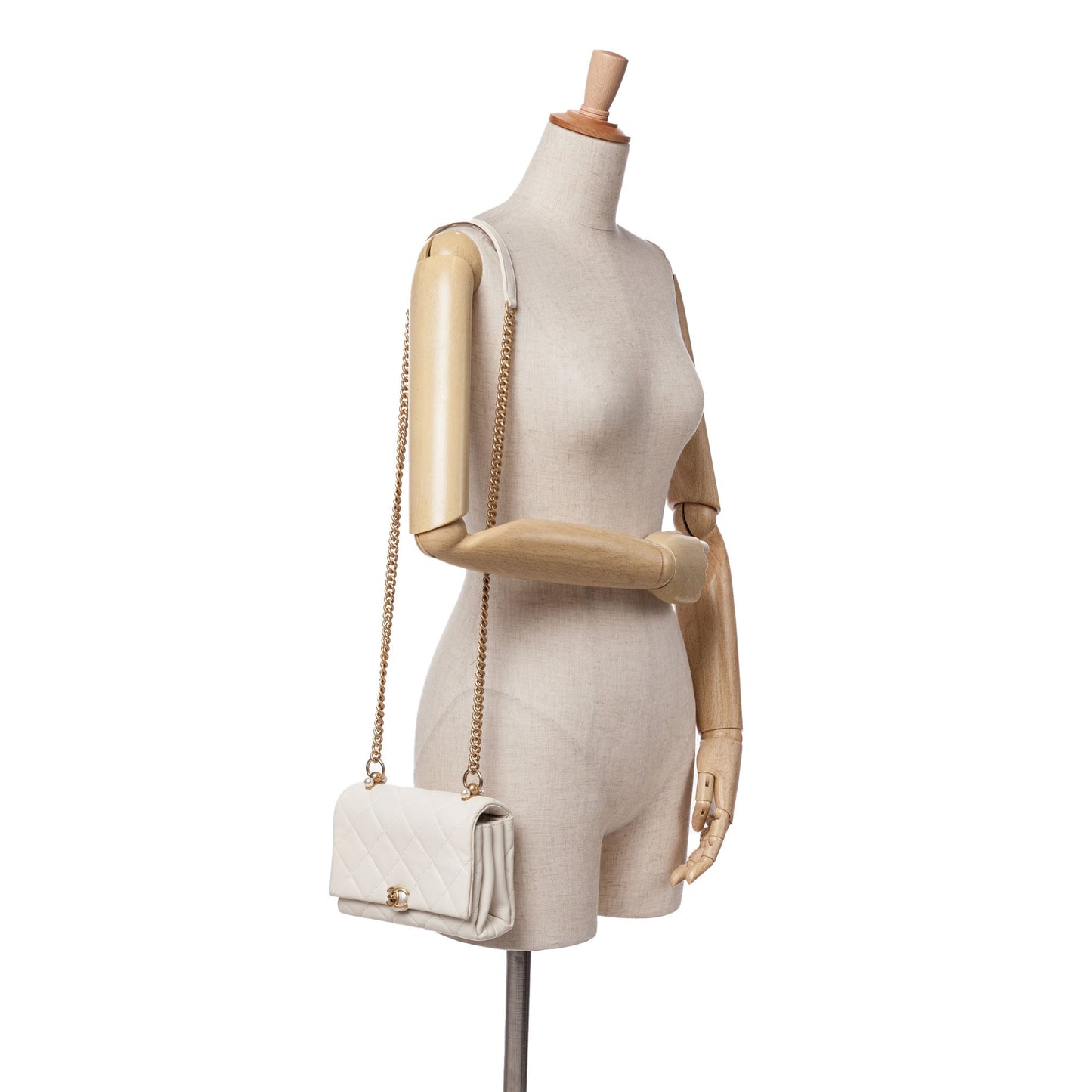 White Chanel Quilted Calfskin Pearl CC Accordion Flap Crossbody Bag