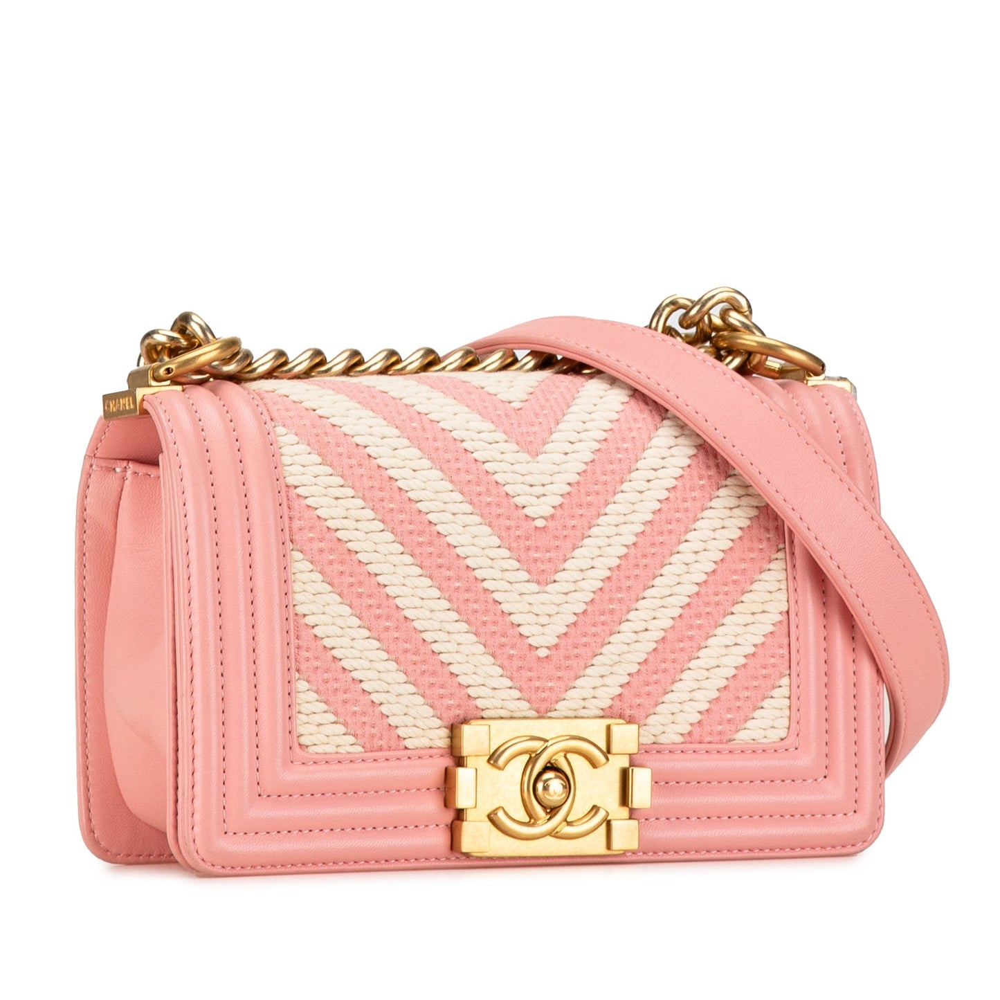 Pink Chanel Small Braided Chevron Boy Flap Crossbody Bag