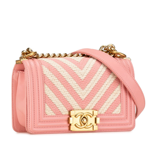 Pink Chanel Small Braided Chevron Boy Flap Crossbody Bag