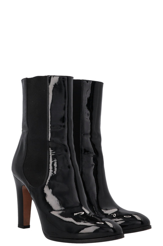 CHANEL CC Ankle Boots Patent Black