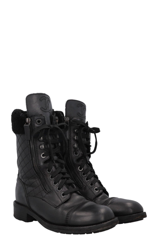 CHANEL CC Shearling Quilted Leather Ankle Boots Black