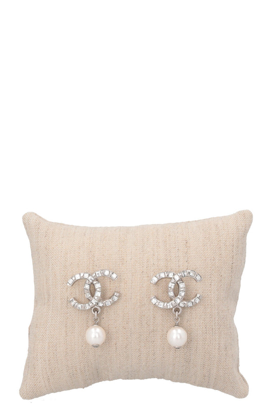 CHANEL CC Pearl Crystal Earrings Silver