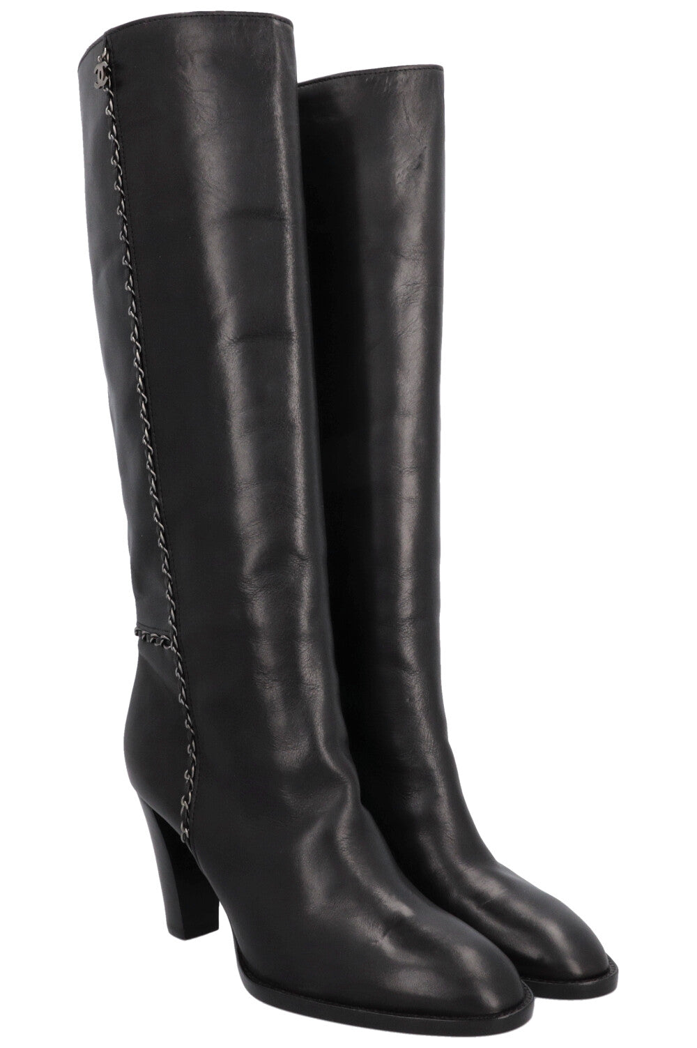 CHANEL CC Chain Knee High Boots Black Leather