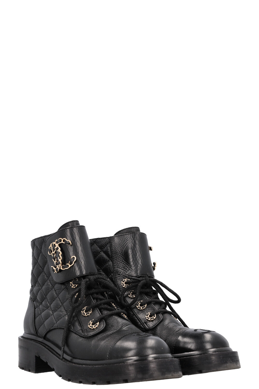 CHANEL CC Lace Up Combat Boots Black