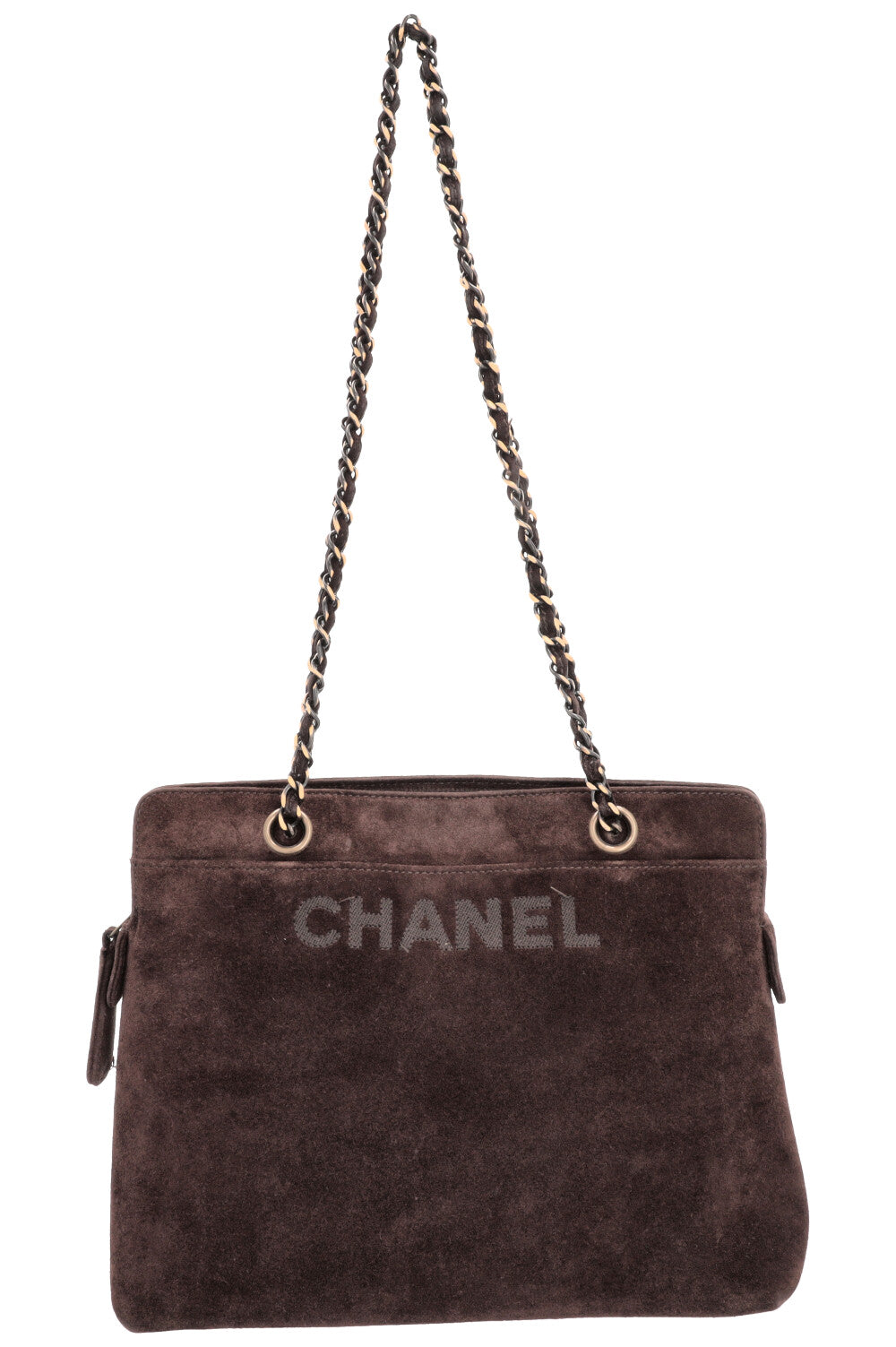 CHANEL Logo Tote Bag Suede Brown