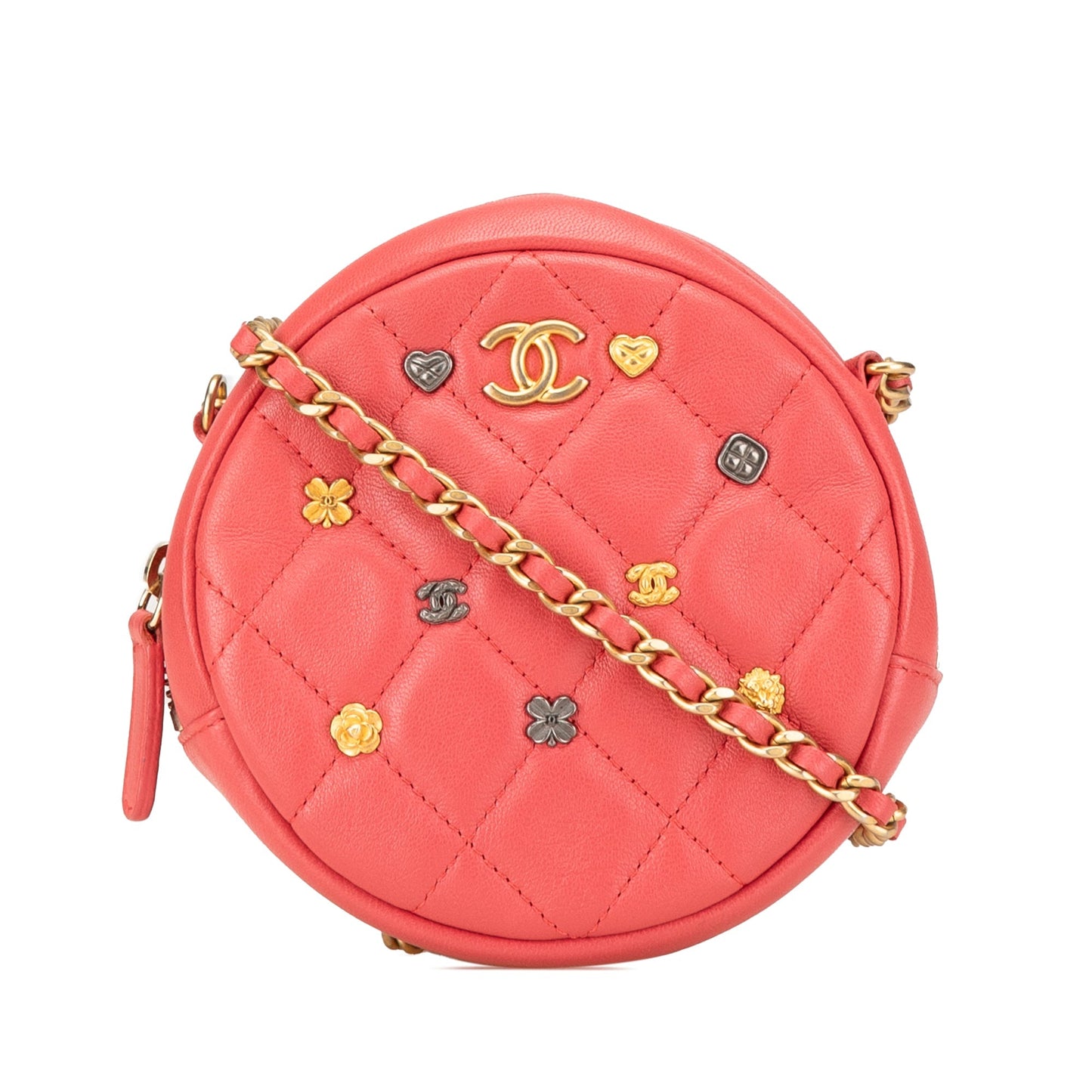 Pink Chanel Quilted Lambskin Lucky Charms Round Clutch with Chain Crossbody Bag