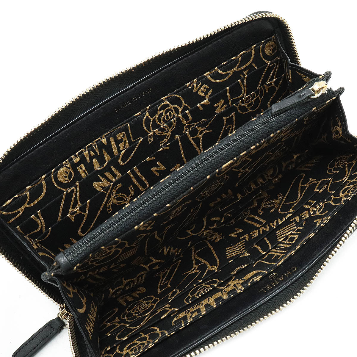 Chanel Wallet Inner Logo Kittening Round Fassner Long Wallet Ram Skin Leather Black Black Silver Gold  AP0041