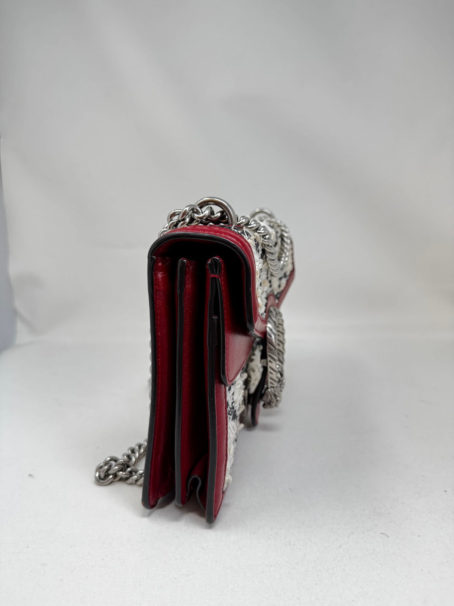 GUCCI Tweed GG Monogram Small Dionysus Shoulder Bag White Black Romantic Cherry B-