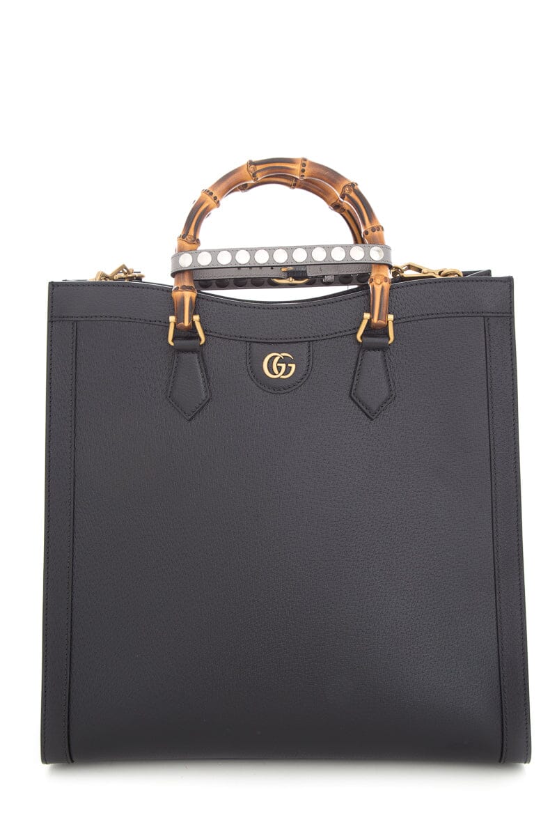 Gucci Calfskin Studded Maxi Diana Black Tote Bag Cuir