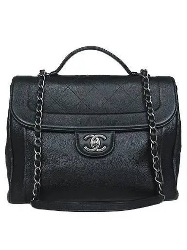 Vintage silver black leather quilting satchel 2WAY Chanel