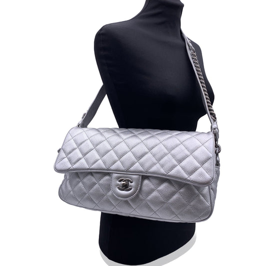 CHANEL Airline 2016 Silver Quilted Leather Easy Flap Shoulder Bag