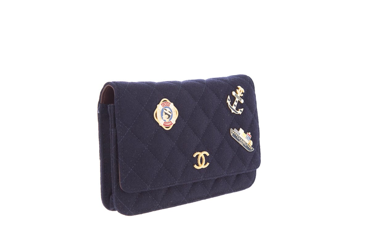 Chanel Navy Felt Quilted Paris-Hamburg Charms Wallet On Chain