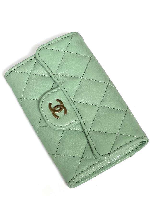 Classic Gold Logo Grained Shiny Calfskin Card Wallet Light Green Chanel