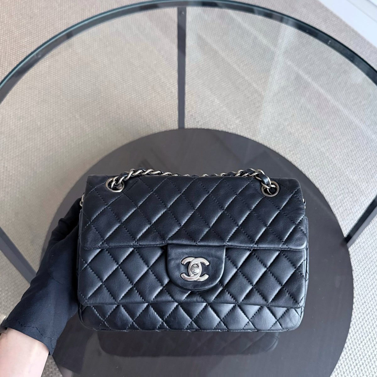 Chanel Tri-fold Seasonal Flap - Quilted Lambskin Black Silver Hardware Series 13