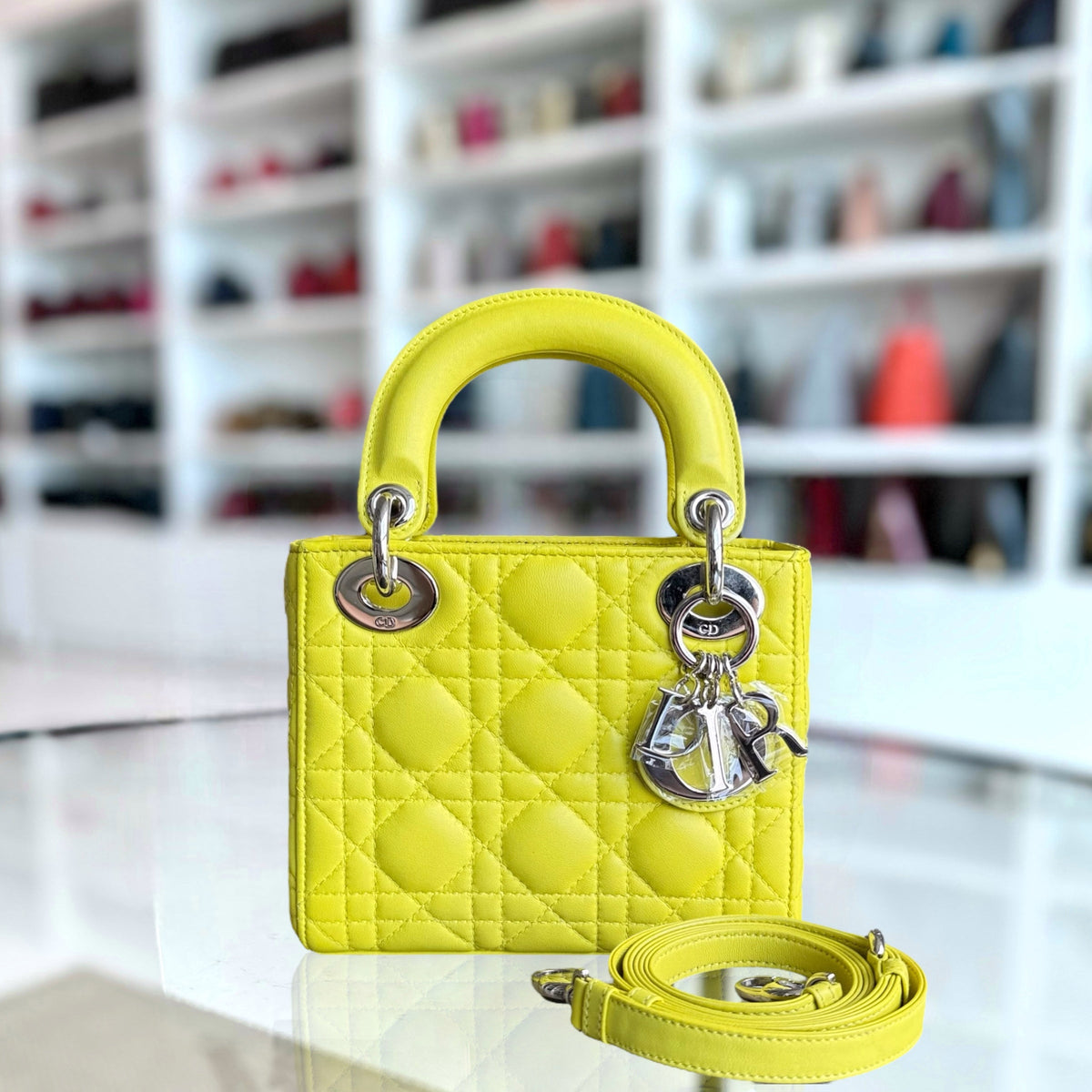 Dior Lady Mini - Cannage Lambskin Yellow Silver Hardware Adjustable Strap
