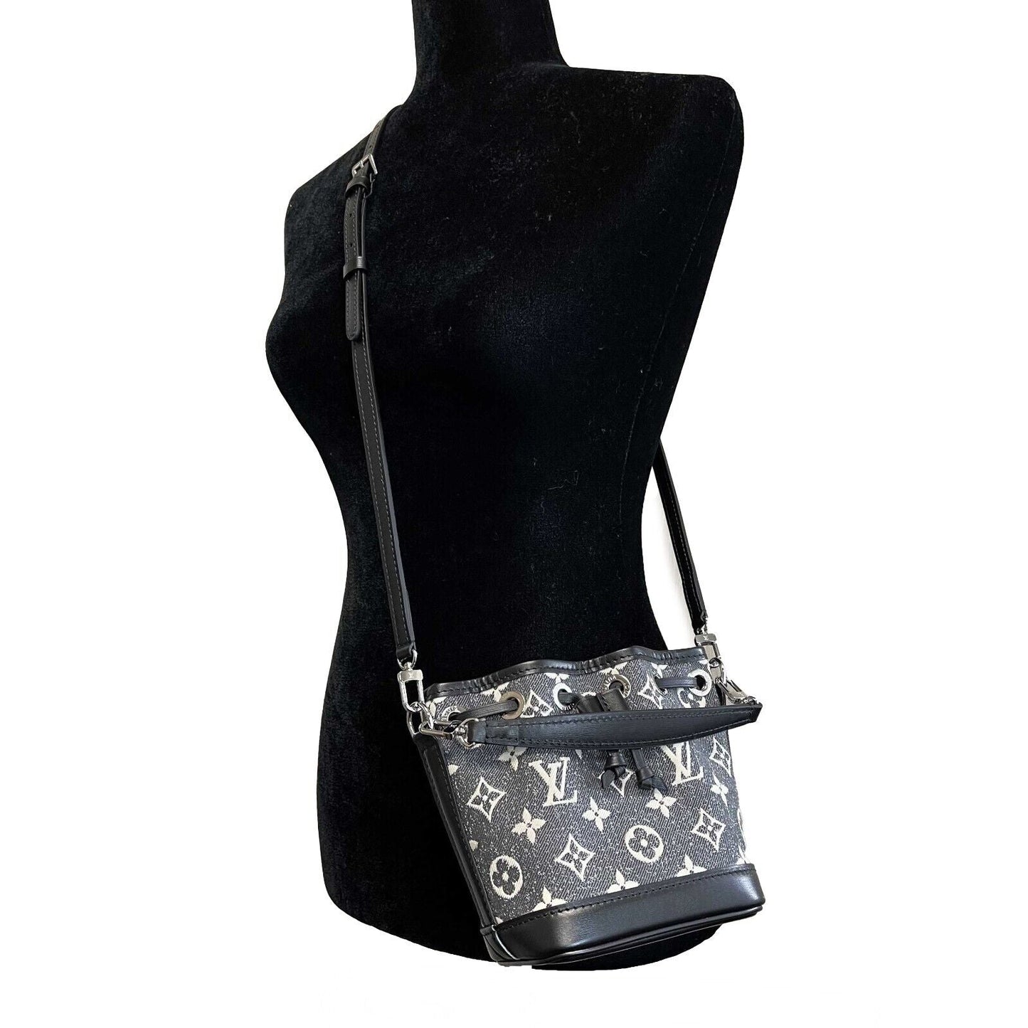 LOUIS VUITTON Monogram Jacquard Denim Nano Noe Gray Black Crossbody Bag NEW