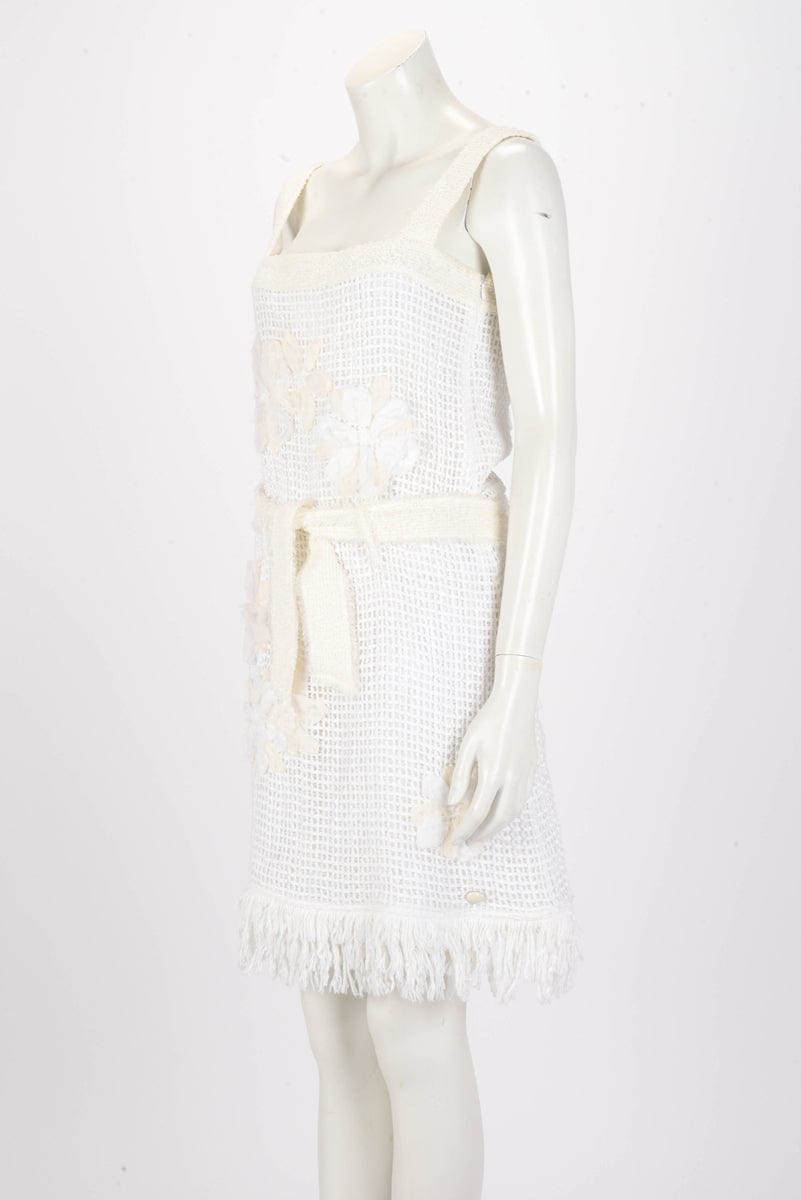 Chanel White Terry Cotton Floral Applique Dress FR 38
