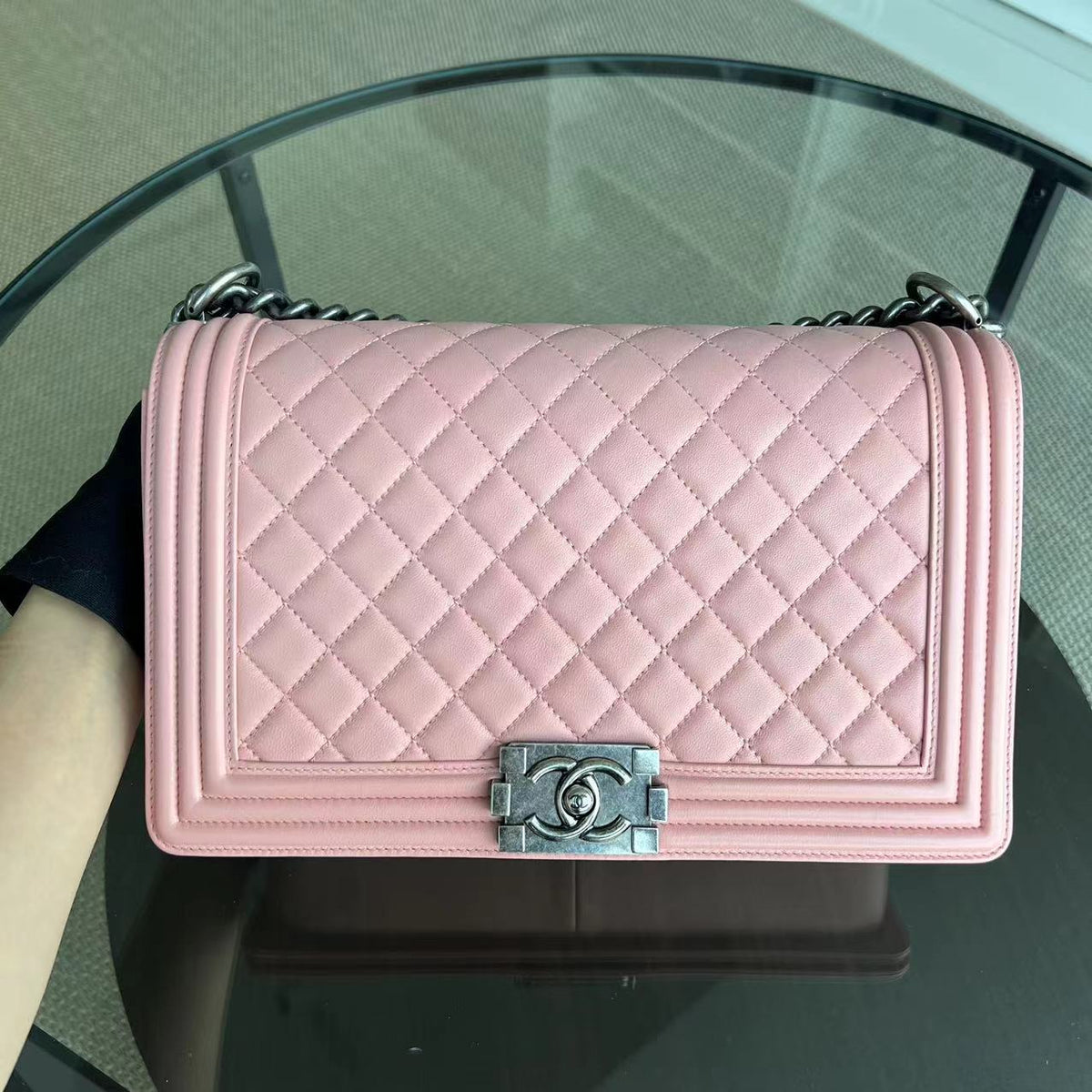 Boy New Medium 28CM Quilted Lambskin Sakura Pink Leboy Ruthenium Silver Hardware Series 20