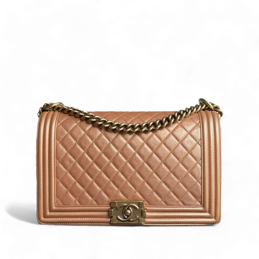 Chanel Boy Medium - 28CM Quilted Grained Calfskin Metallic Iridescent Ruthenium Gold Hardware Series 20