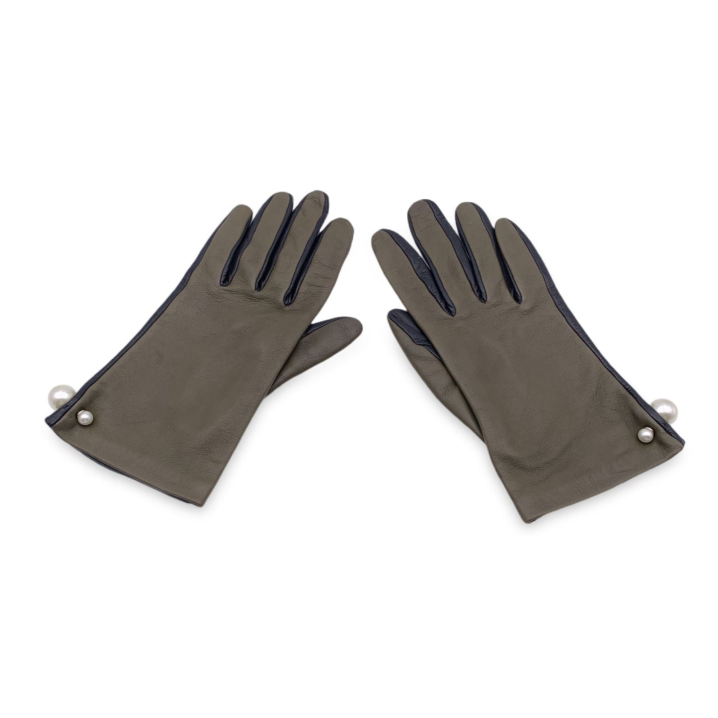 CHRISTIAN DIOR Green Black Leather Tribales Pearl Gloves Size 7.5