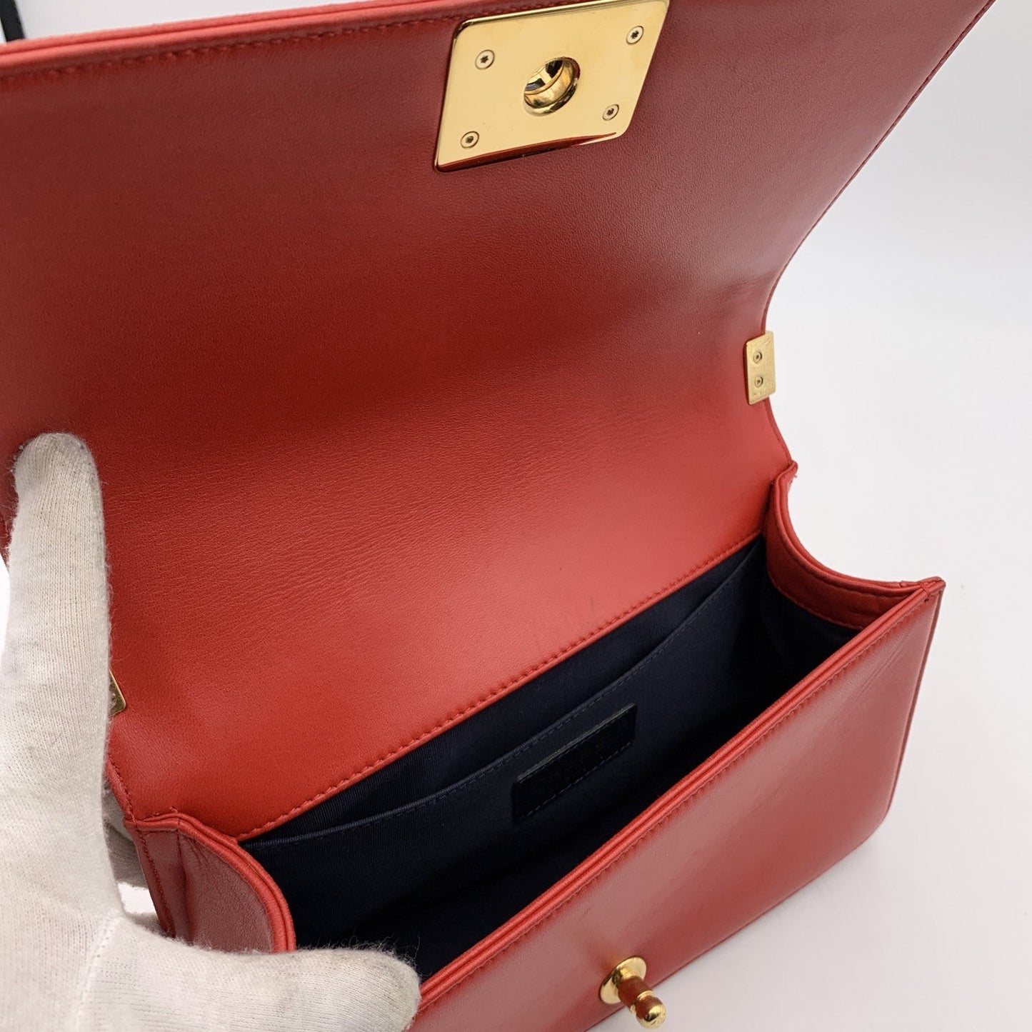 CHANEL Red Cube Embossed Leather Medium Boy Shoulder Bag