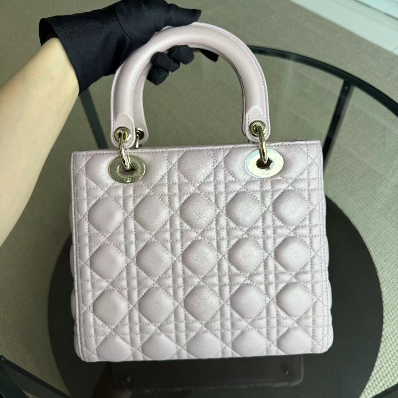 *Adjustable Strap* Dior Lady Medium - Iridescent Cannage Lambskin Light Pink Golden Hardware