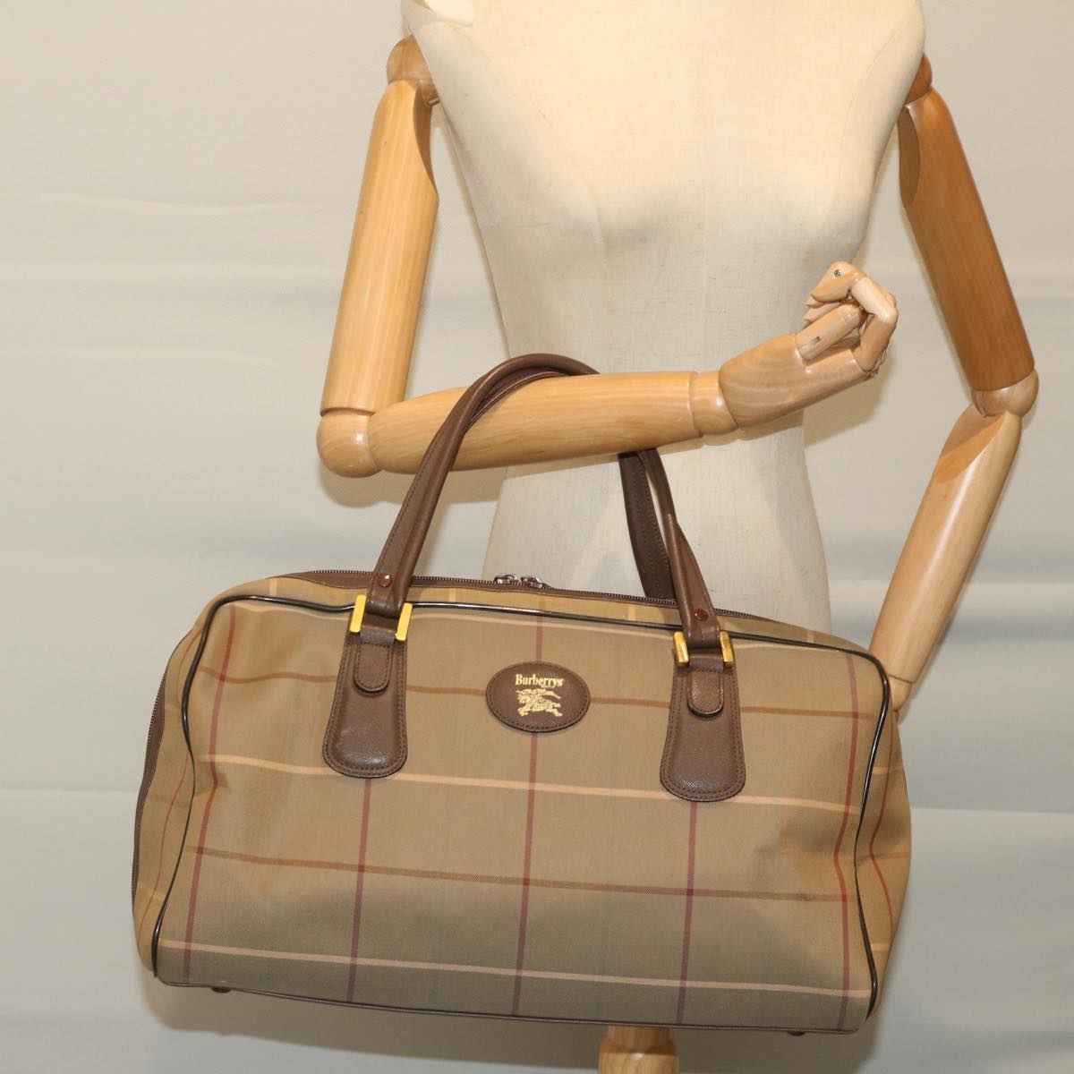 BURBERRYSs Nova Check Boston Bag Canvas Beige Auth ac2836