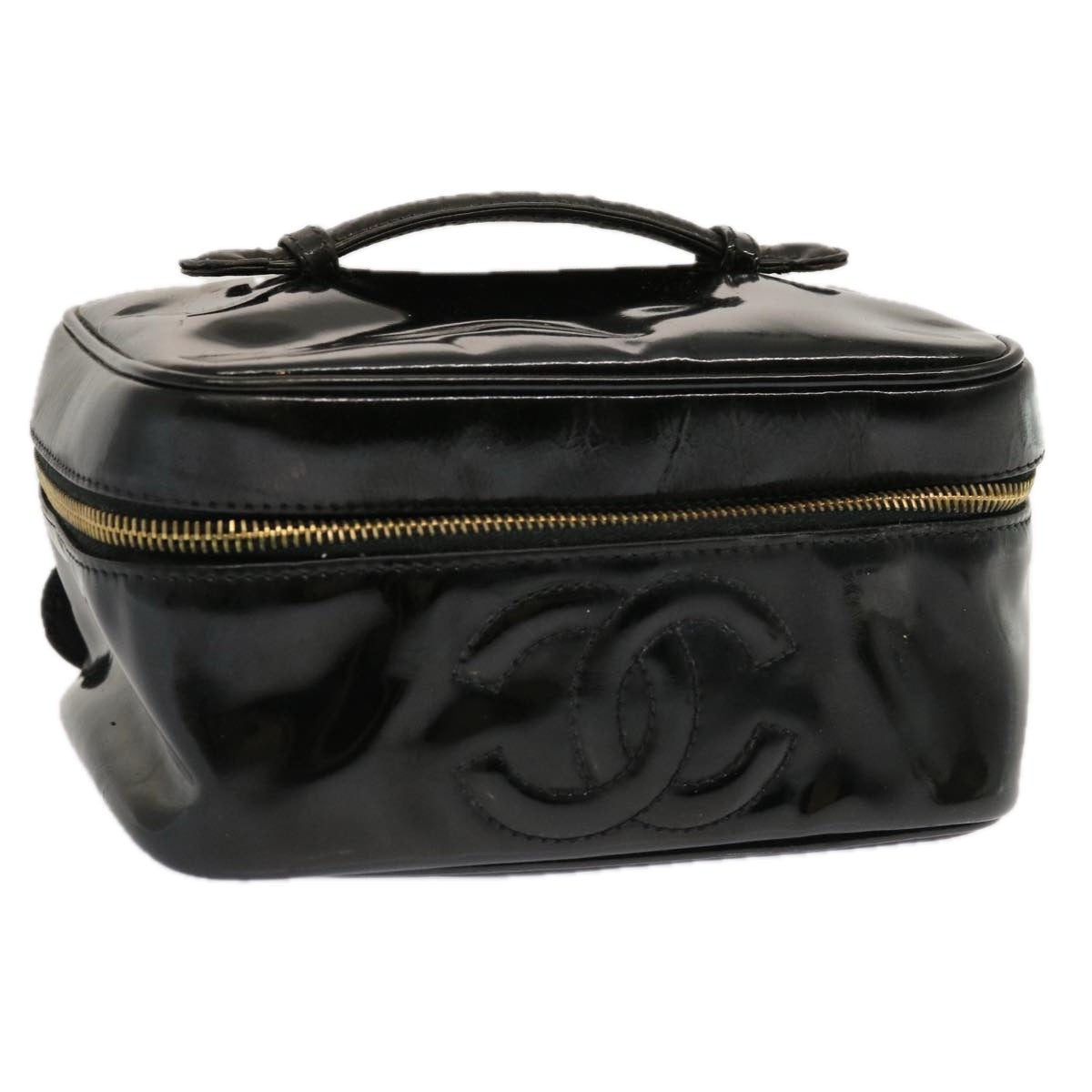 CHANEL Vanity Cosmetic Pouch Enamel Black CC Auth ac2858