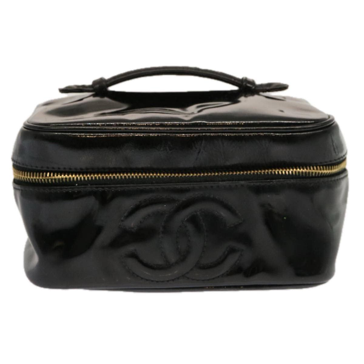 CHANEL Vanity Cosmetic Pouch Enamel Black CC Auth ac2858