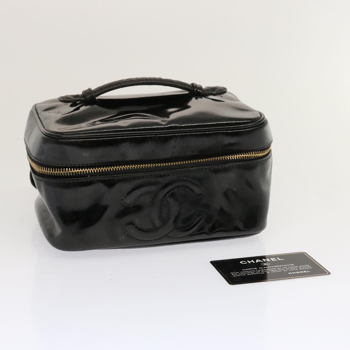 CHANEL Vanity Cosmetic Pouch Enamel Black CC Auth ac2858
