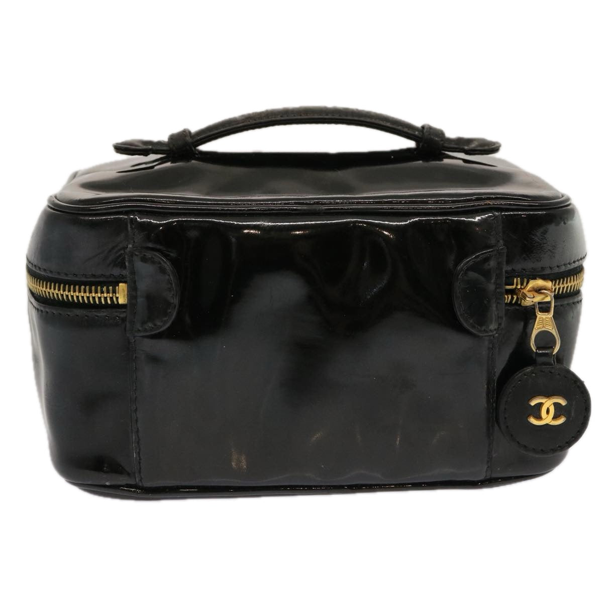 CHANEL Vanity Cosmetic Pouch Enamel Black CC Auth ac2858