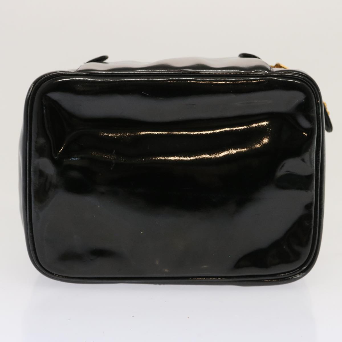 CHANEL Vanity Cosmetic Pouch Enamel Black CC Auth ac2858