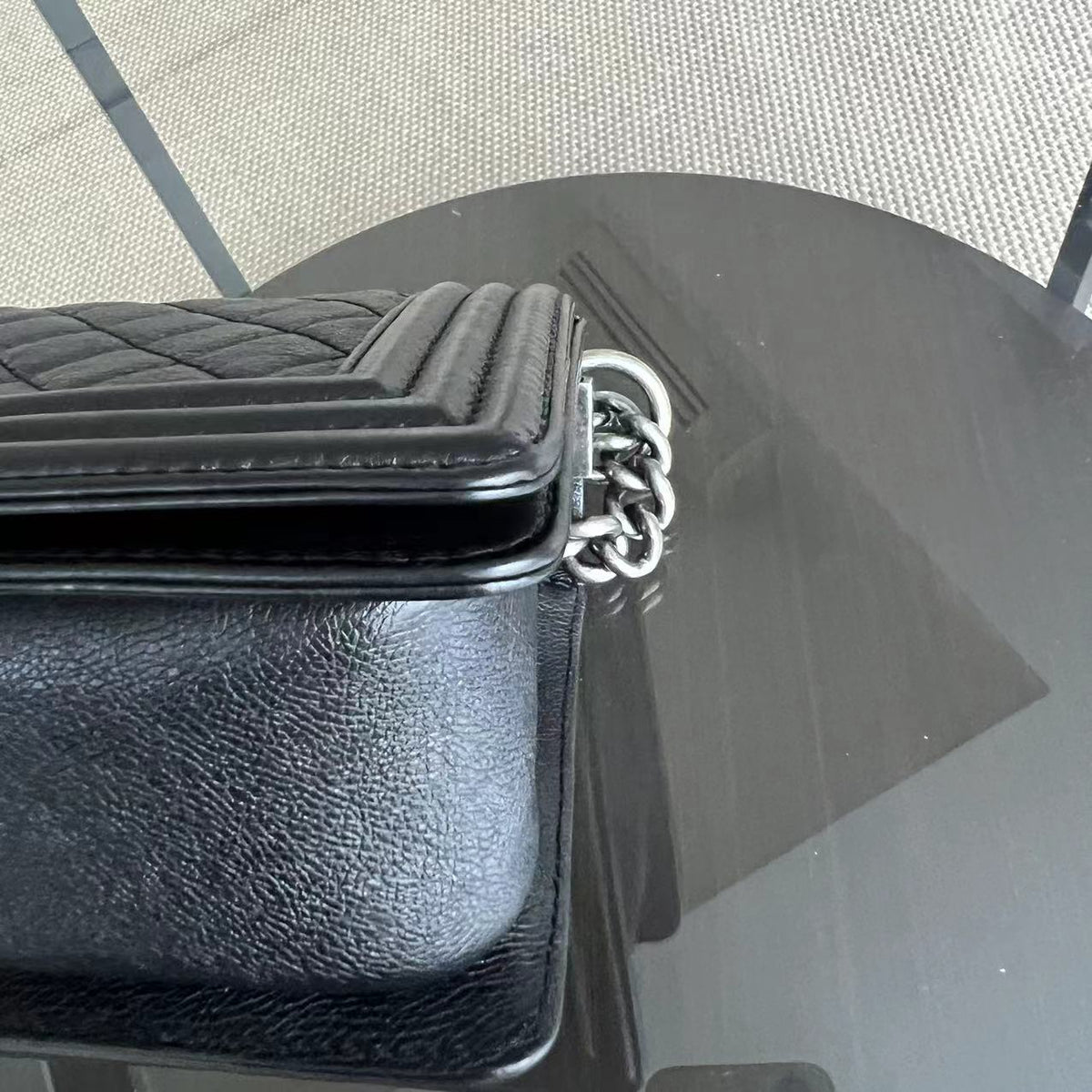 Calfskin Boy Old Medium 25CM Medium Quilted Black Ruthenium Silver Hardware Series 18