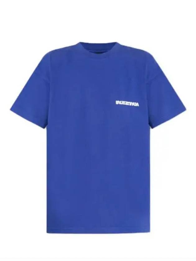 Luxury Balenciaga  Embroidered Logo Short Sleeve T-Shirt Blue