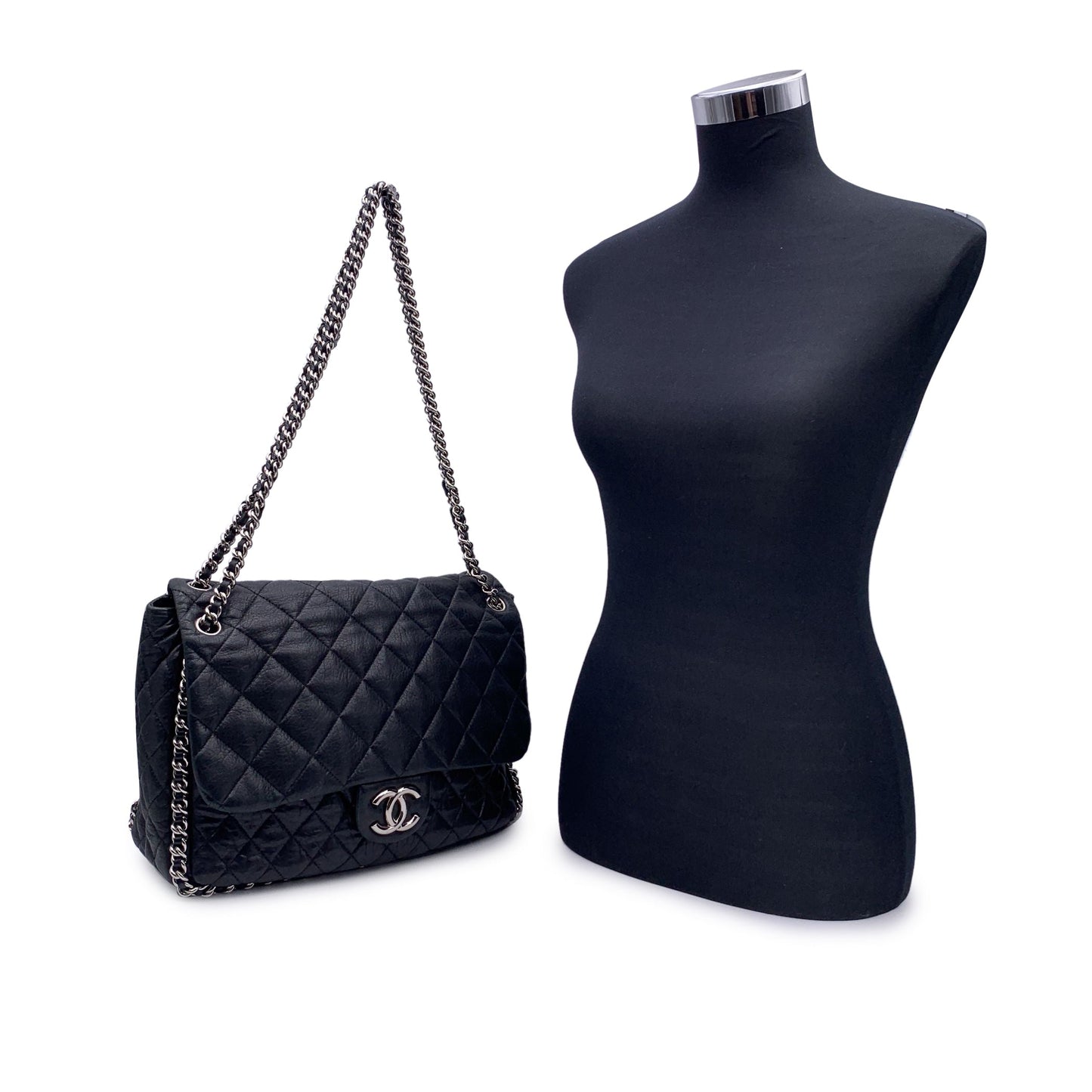 CHANEL Black Quilted Lambskin Chain Around Maxi Shoulder Bag