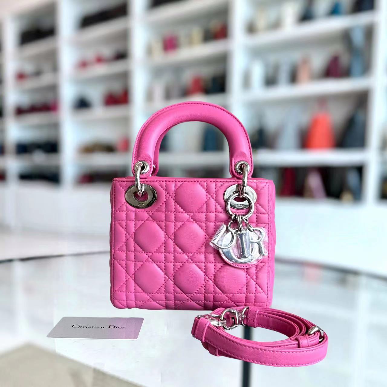 *Adjustable Strap* Lady Mini Cannage Lambskin Barbie Pink Silver Hardware